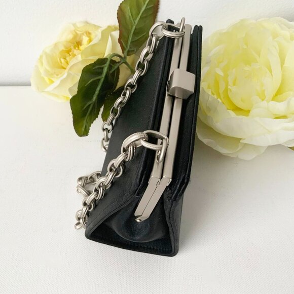 Mini Black Satin Handbag with Silver Chain Top Handle - Picture 5 of 10